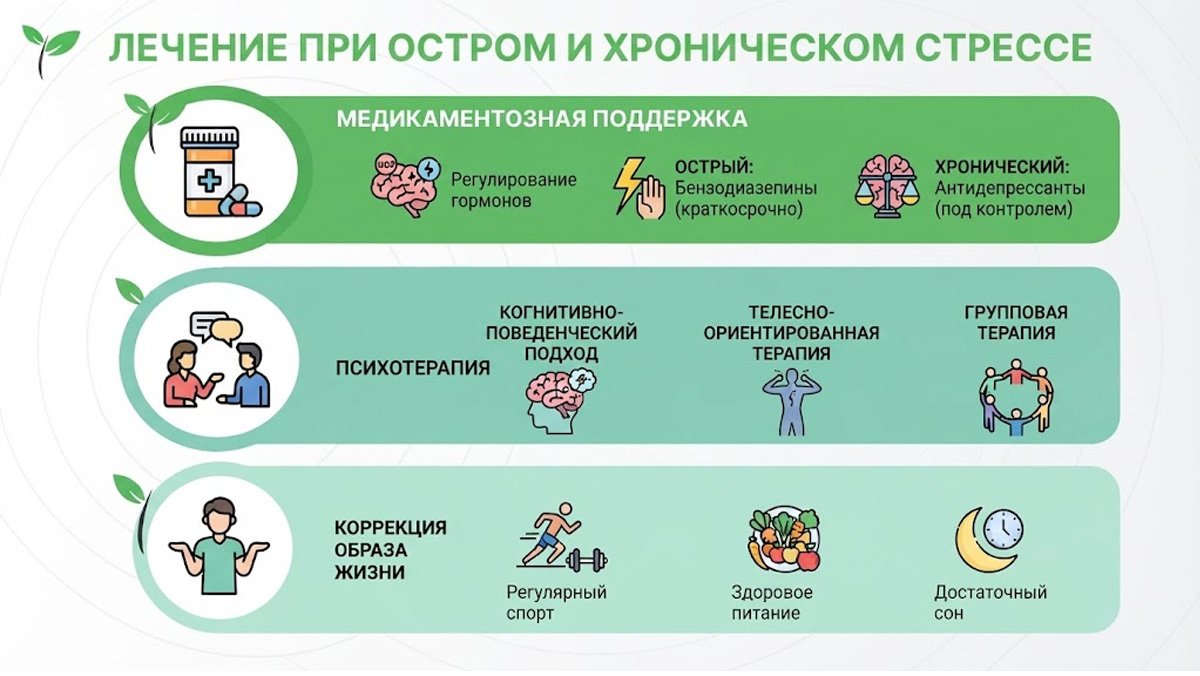Инфографика: методы лечения острого и хронического стресса, включая медикаментозную поддержку, психотерапию и коррекцию образа жизни.